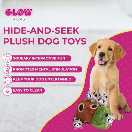 Glow Pups Raccoon in Tree Hide and Seek Dog Toy for Small and Medium Size Dogs, Plush Raccoon Inside Trunk Dog Toy with Squeaker, Interactive Burrow Dog Toy (Tree with Raccoons, Medium)