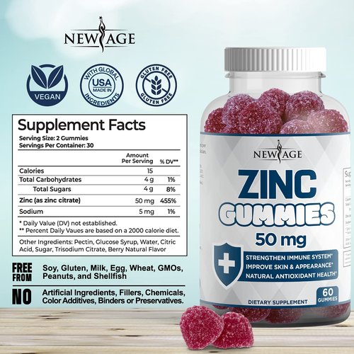 Zinc Gummies - 2 Pack - 50mg High Immune Booster Zinc Supplement, Immune Defense, Powerful Natural Antioxidant, Non-GMO - by New Age (Zinc/Vitamin C)