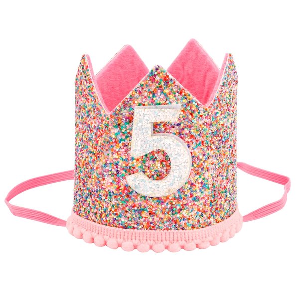SuPoo Girls Princess Tiara with Elastic Band - Glitter Birthday Crown, Happy Birthday Party Cap, 5 Year Old Decorations Supplies