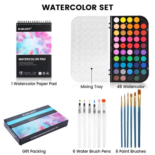 Watercolor Paint, 48 Colors Washable Paint Set, 6 Brush, 6 Refillable Water Brush Pen, Drawing Pad, Palette, Watercolor Set for Kids Adults Artist Beginners, Water Color Paint Sets for Kids