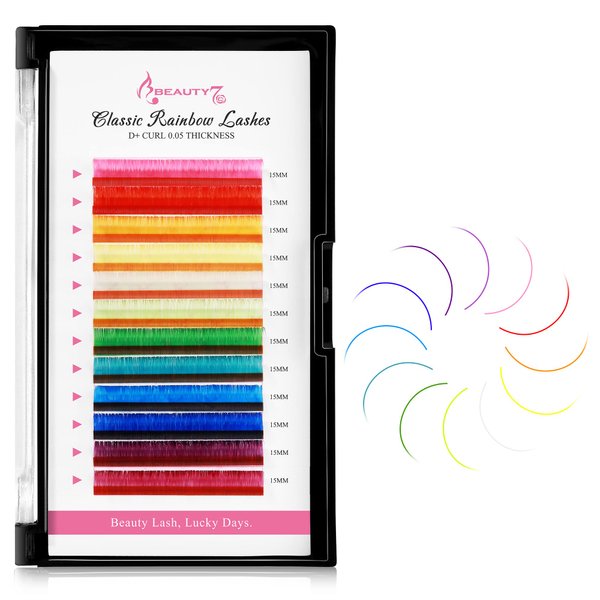 Beauty7 Colored Lash Extensions Rainbow Lashes Classic Lashes 12 Colors Lashes D+ Curl 0.05mm Thickness 15mm Dramatic Eyelashes Ombre Lash Extensions