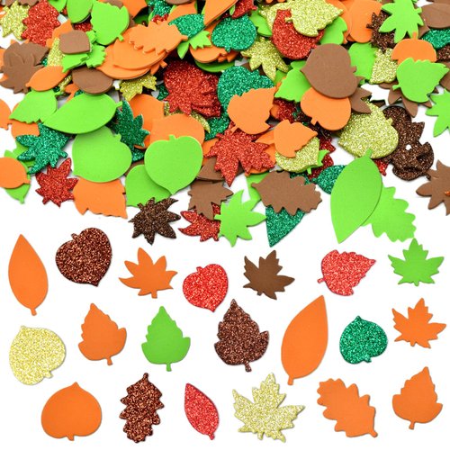 500 Pieces Fall Glitter Foam Stickers - Assorted Leaf, Acorn, Pumpkin, Maple, and Autumn Shape Foam Stickers Self-Adhesive for Kids Crafts DIY Party Favor Supplies Thanksgiving Decorations