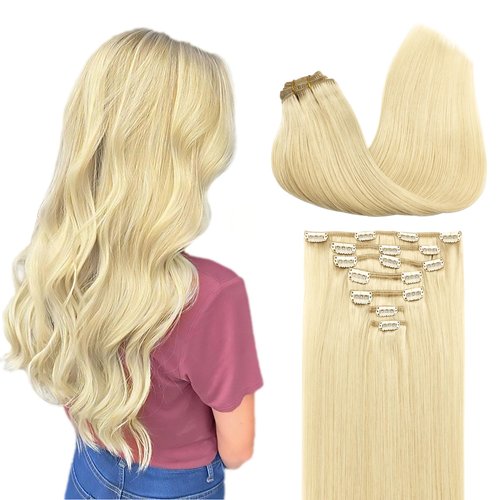GOO GOO Clip in Hair Extensions Real Human Hair, 18inch 120g 7Pcs, 613R Bleach Blonde, Remy Human Hair Extensions Clip ins for Women, Natural Human Hair