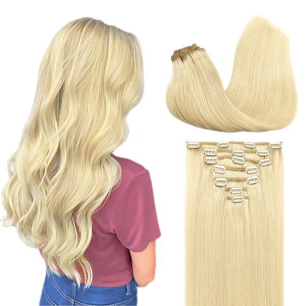 GOO GOO Clip in Hair Extensions Real Human Hair, 18inch 120g 7Pcs, 613R Bleach Blonde, Remy Human Hair Extensions Clip ins for Women, Natural Human Hair