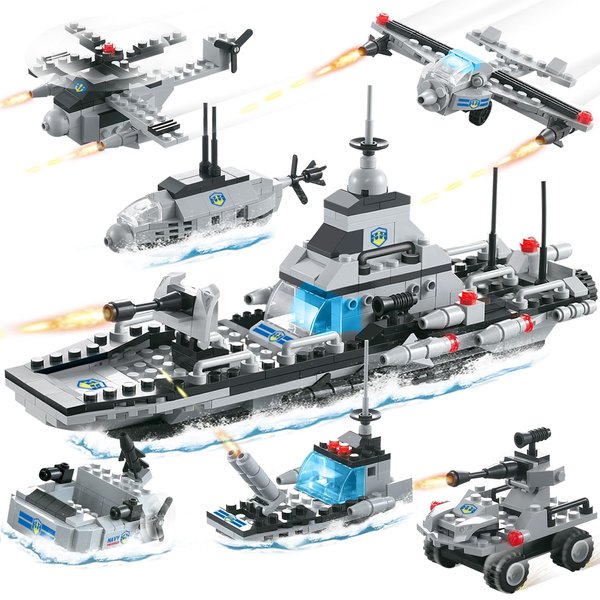 796 Pieces City Police Military Battleship Building Blocks Set Police Helicopter Patrol Boat Cop Car Bomber DIY Construction Toy Storage Box with Baseplates Lid Building Gift for Boys Girls 6-12