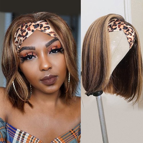 Highlights Human Hair Headband Bob Wig for Black Women, Straight Human Hair Headband Bob Wigs, Brazilian Virgin Colored Human Hair Bob Wig with Headband Attached 180% Density Headband Half Wig 10 Inch