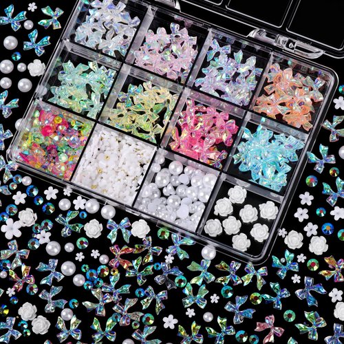 COOSLIM 500 Pcs 3D Nail Charms and Flatback Pearls, 8 Colors Bow + White Rose Flower and Gems + 2-6mm White Pearls for Nail Art Design B