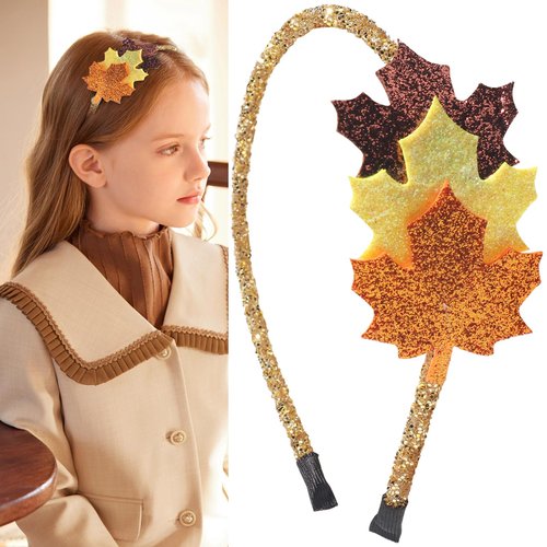 Xepeelo Fall Maple Headbands Autumn Thanksgiving Hair Band Yellow Glitter Hair Hoop Glitter Sequins Headband Design Woman Girls Hair Accessories for Harvest Festival Thanksgiving Themed Party
