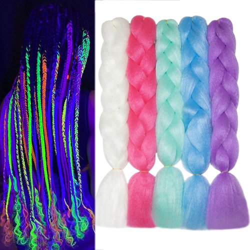 Itsuhair Christmas Glowing Braiding Hair Jumbo Braiding Hair Extensions 5Pcs Colorful Luminous Braiding Hair for Box Braids Glow in the Dark Braiding Hair Extensions