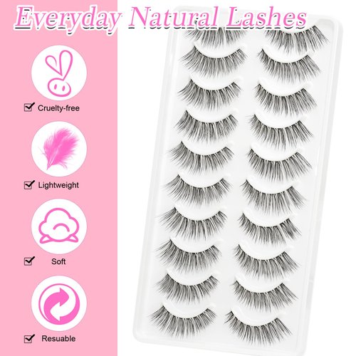 EMEDA False Eyelashes Natural Strips Look Pestañas Postizas Naturales 10 Pairs Invisible Band 3D Demi Wispies 12mm Fake Lashes Small Face Lashes Handmade Clear Band Eye Lashes(005)