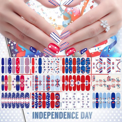 JERCLITY 168 Pieces 12 Sheets Independence Day Nail Wraps for Short Nails 4th of July Nail Polish Strips Patriotic American Flag Nail Strips Self-Adhesive Nail Stickers for Memorial Day