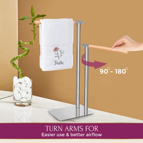 Countertop Hand Towel Holder Stand - Stainless Steel 304 and Bamboo with 2 Stiff Swivel Hanging Arms at 17.3” and 13.3” high, Freestanding with Non-Slip Pads
