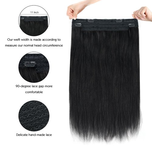 Sassina Invisible Wire Hair Extensions Real Human Hair with Transparent Wire Adjustable Size Secure Clips Natural Straight Secret Miracle Hairpiece, 1 Jet Black 22 Inch 100 Gram