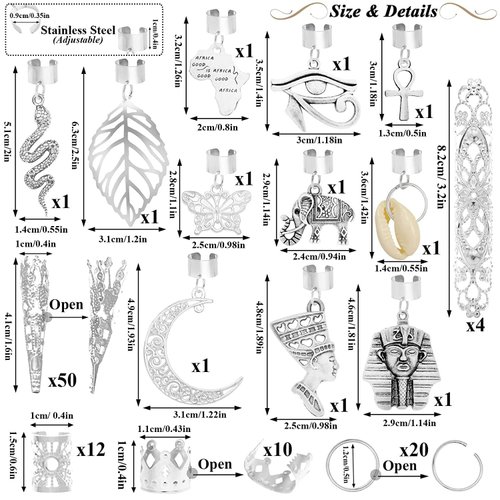 Generic 107 PCS Dreadlock Loc Jewelry Dreadlocks Crystal Hair Charms, Silver Ring Hair Accessories Braid Loc Stainless Steel Adjustable Hair Cuffs