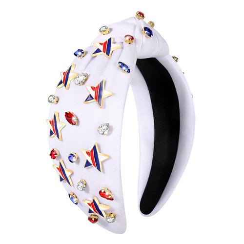 BSJELL 4th of July Headband American Flag Accessories for Women Red White Blue Stars Knotted Headband Jeweled Crystal Top Knot Headband Patriotic Party Decorations Gifts