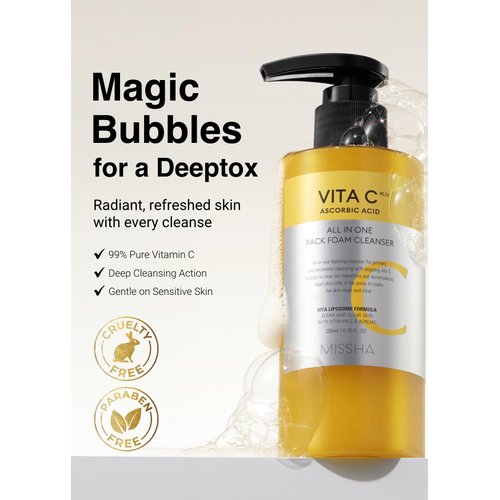MISSHA Vita C All-In-One Bubble Foam Facial Cleanser 6.76 Fl oz / 200ml- Deep Pore Detox, Magic Bubbles with 99% Pure Vitamin C, Korean Face Wash - Removes Impurities, Makeup, Blackheads, Whiteheads