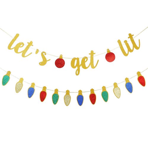 Gold Lets Get Lit Banner Grinchmas Christmas Banner, Let's Get Lit Garland Christmas Holiday Banner for Ugly Christmas Sweater Party Decorations, Merry Friendsmas Christmas Party Decorations