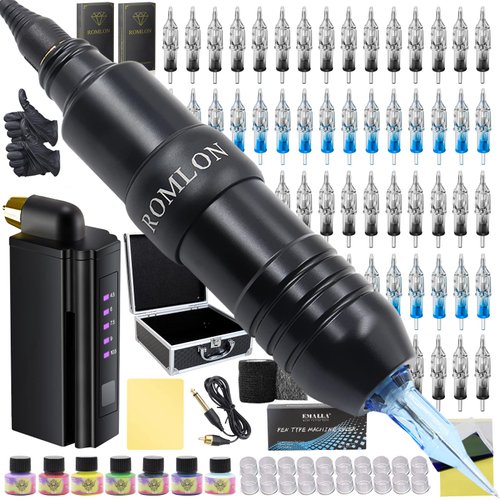 Romlon Tattoo Machine Kit - Tattoo Pen Kit Gun Kit Rotary Tattoo Machine Tattoo Power Supply 40Pcs Tattoo Cartridge Needles Tattoo Supplies for Beginners and Tattoo Artists