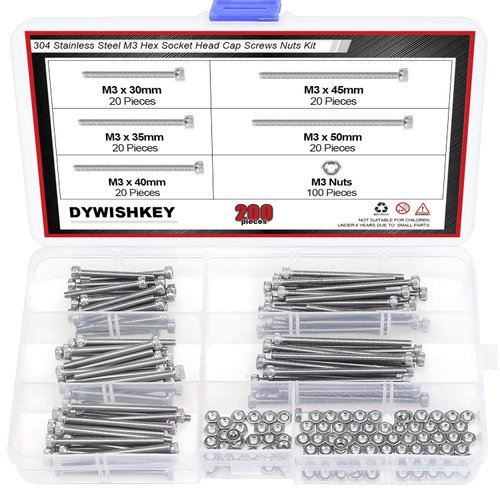 DYWISHKEY 200 Pieces M3 x 30mm/35mm/40mm/45mm/50mm Stainless Steel 304 Hex Socket Head Cap Bolts Screws and Nuts Kit