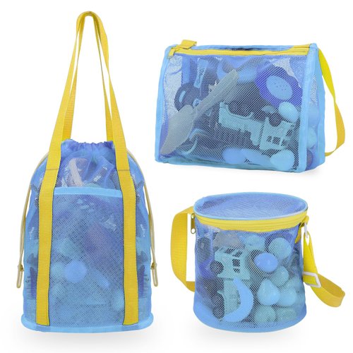 3 Pcs Mesh Beach Bag Set, Sand Beach Toy Bag, Seashell Collecting Bag Tote with Adjustable Carrying Strap & Zipper/Drawstring, Pool Toy & Sand Toy Storage Bag, Stay Water Sand Away, 3 Style