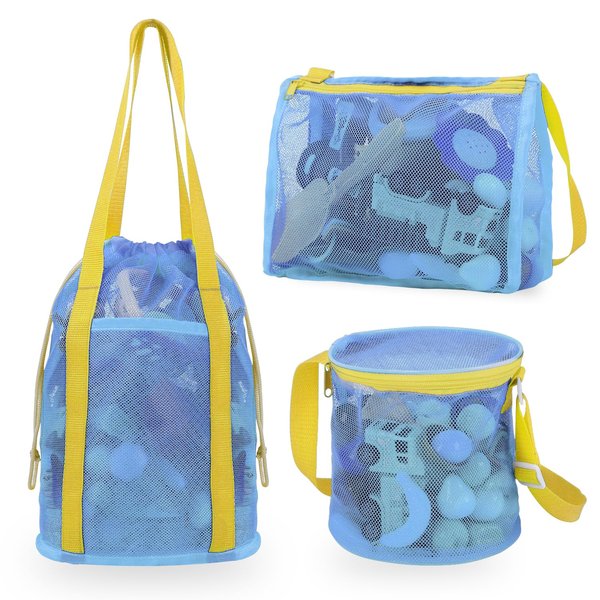 3 Pcs Mesh Beach Bag Set, Sand Beach Toy Bag, Seashell Collecting Bag Tote with Adjustable Carrying Strap & Zipper/Drawstring, Pool Toy & Sand Toy Storage Bag, Stay Water Sand Away, 3 Style