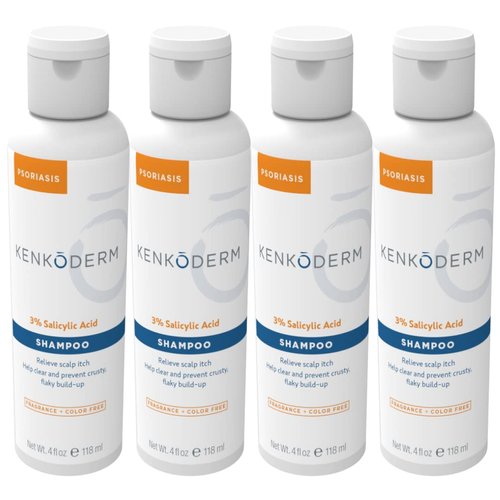 Kenkoderm Psoriasis Shampoo with 3% Salicylic Acid, 4 Oz, 4 Bottles, Therapeutic Seborrheic Dermatitis & Anti Dandruff Shampoo, Dermatologist Developed for Itchy, Dry Scalp, Fragrance & Color Free