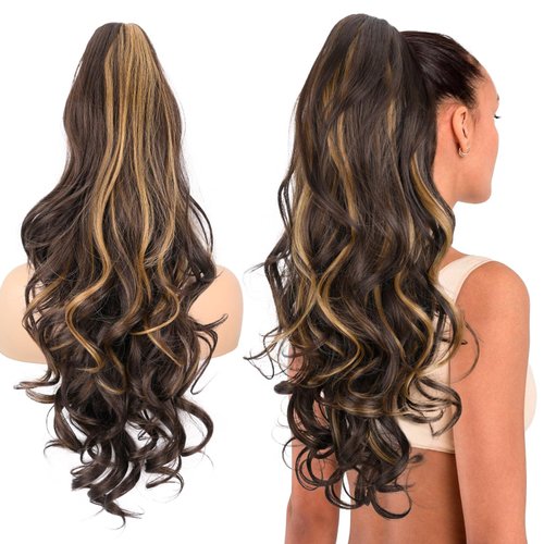 SOMOREATY Ponytail Extension, 24" Claw Clip in Ponytail Extensions Synthetic Hairpiece Long Curly Wavy Layered Hair Extension Jaw Clip on Pony Tails for Women Dark Brown with Highlights
