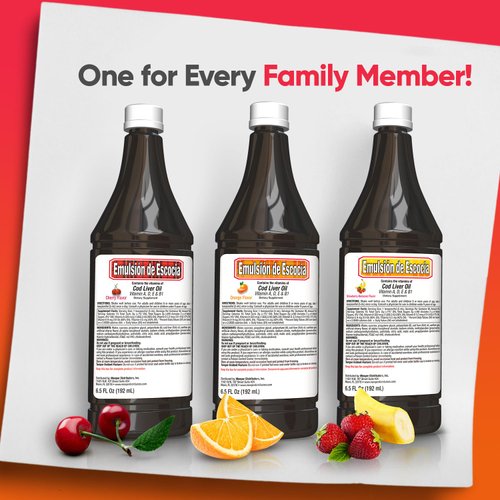 Emulsion de Escocia Cod Liver Oil Liquid for Kids – Cherry, Orange & Strawberry Banana – Omega 3, Vitamins A, D, E & B1 – Dietary Supplement – 29.4 Fl Oz | 3-Pack