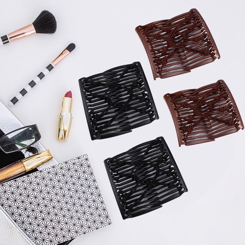 4 Pieces Stretchy Double Hair Clips: Adjustable Elastic Combs for Thick, Curly Hair - Majic Hair Accessories (Coffee and Black)