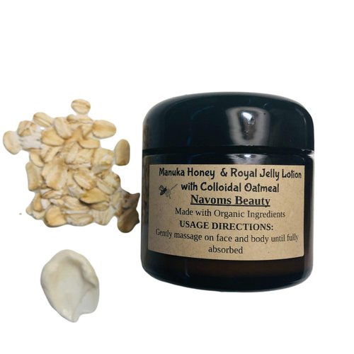 Navoms Beauty Organic Manuka Honey and Royal Jelly Lotion with Colloidal Oatmeal | Bee Moisturizing Lotion | Face and Body Lotion | For All Ages and Skin Types | (4 oz glass jar)