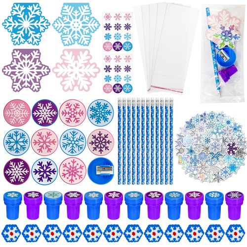 Cinrobiye 194 Pcs Snowflake Winter Frozen Party Favors Christmas Classrooms Exchange School Stationery Set Class Reward Prizes Notepads Pencils Sharpener Erasers Stickers Stamps (Snowflake)