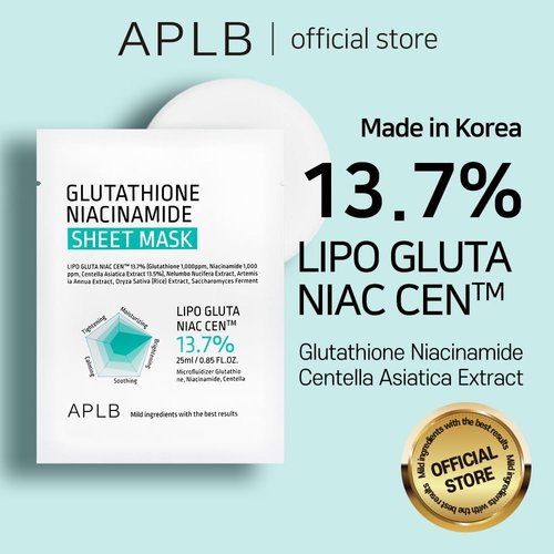 APLB Glutathione Niacinamide Sheet Mask 10pcs | LIPO GLUTA NIAC CEN™ 13.7% 0.85 FL.OZ/Korean Skincare, Deep hydration & Soothing, Sensitive Skin, Improve skin elasticity