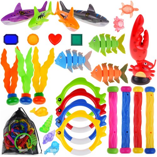 GAPER GO Diving Toys, 30 Pcs Pool Toys with Diving Swim Thru Rings, Dive Sticks,Diving Rings, Diving Gem, Diving Octopus, Pool Torpedo, Pool Diving Swimming Toys for Kids