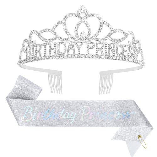 CAVETEE Birthday Princess Crowns for Women Birthday Princess Sash and Tiara for Girl Women Birthday Party Decorations for Girl Gifts Set Birthday Sash and Crown for Women (silver)