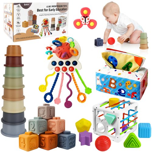 EPOGG 6 in 1 Montessori Toys for Babies 6-12 Months Up - Incl Pull String Toy, Stacking Cups, Tissue Box, Suction Cup Spinner, Stacking Blocks,Activity Cube, Baby Toys for 1 2 3 Year Old