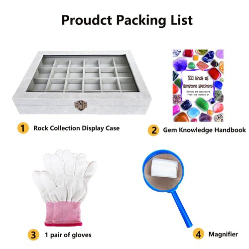 HEMYLU Rock Collection Display Case, Crystal Storage Box with 24 Grids and Gem Knowledge Handbook for Kids, Gem and Stone Collection Case for Display