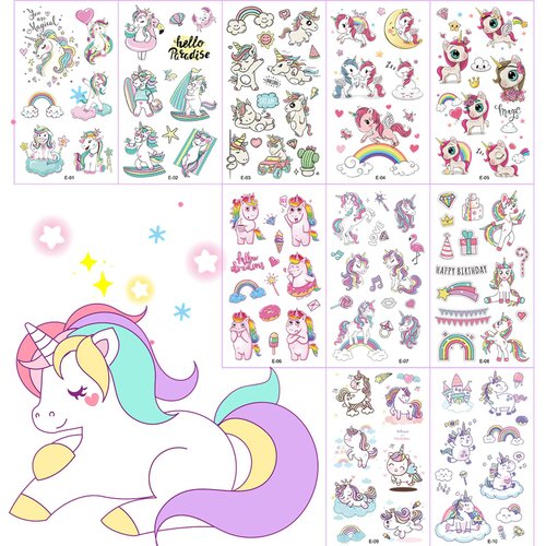 EJJUOO Unicorn Temporary Tattoos, Unicorn Tattoos for Kids, 10 Sheets 80pcs Unicorn Tattoos Temporary for Kids, for Kids Girls Party Favors Birthday Decorations & Supplies