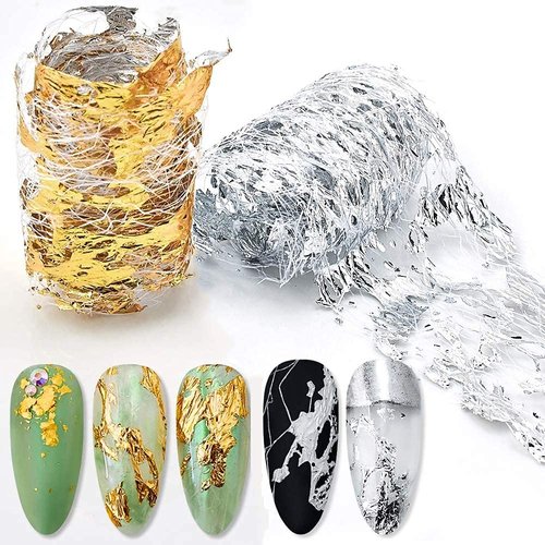 Gold Silver Foil Nail Art Holographic Aluminum Nail Foil Flakes Stickers Nail Sequins 3D Glitter ...