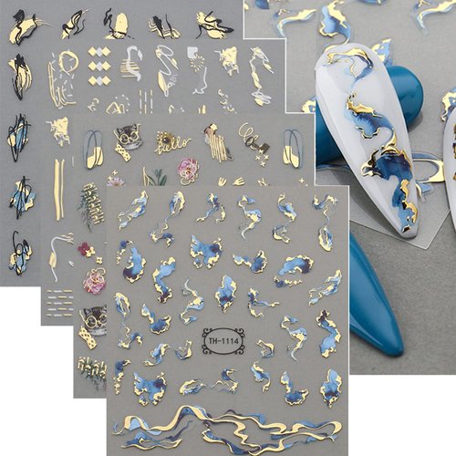 12 Sheets Graffiti Nail Art Stickers 3D White Black Gold Stripe Line Nail Decals Self-Adhesive Abstract Marble Wave Flower Leaf Stickers for Nail DIY Decoration Nail Accessories for Women French Nail
