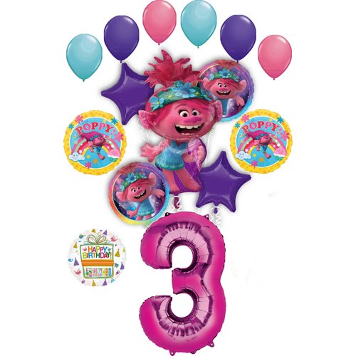 Poppy World Tour 3rd Birthday Party Supplies Trolls 15pc Balloon Bouquet Decorations