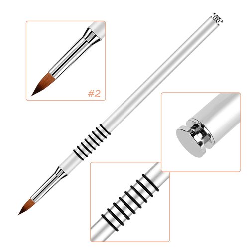 Accmor 3D Nail Art Brush for Acrylic Powder, Kolinsky Acrylic Nail Brush, Silver Metal with Non-Slip Handle (Size # 2)