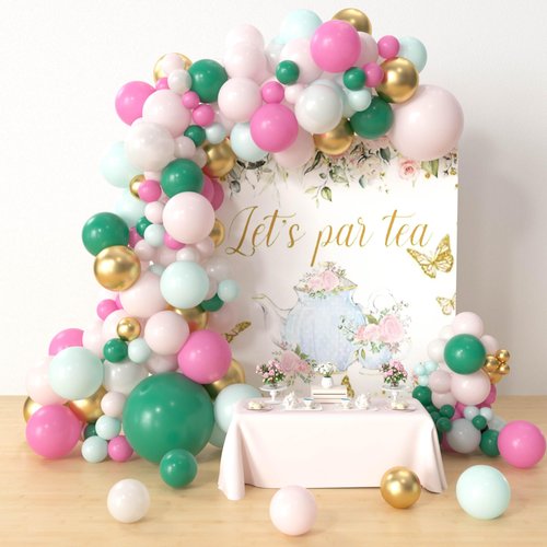 HYOWCHI Tea Party Decorations Balloon Arch Kit - 147 Pcs Tea Party Supplies Balloon Garland Arch, Pearl Pink Gold Green Blue Latex Balloon Arch For Princess Floral Tea Theme Birthday Baby Shower Party