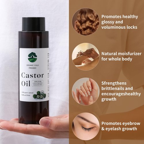 Castor Oil Organic Cold Pressed Unrefined Castor Oil for Hair Growth, Skin, Lashes, Brows - Moisturizing Body Oil in Eco-Friendly Bottle (8.8 Fl Oz)