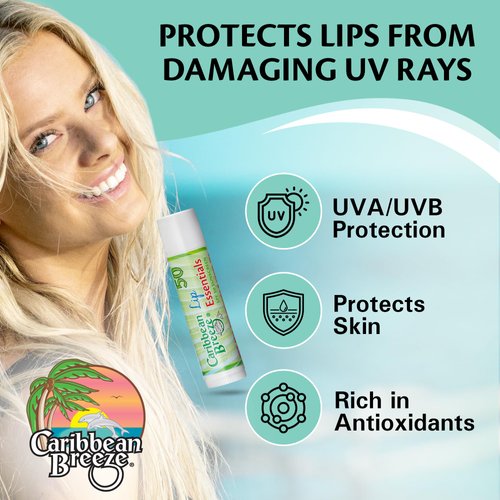Caribbean Breeze Lip Sunscreen Chapstick Essentials, Sunscreen Lip Balm SPF 50 with Green Tea, Pomegranate, and Aloe Extracts, 0.15 oz, Pack of 4