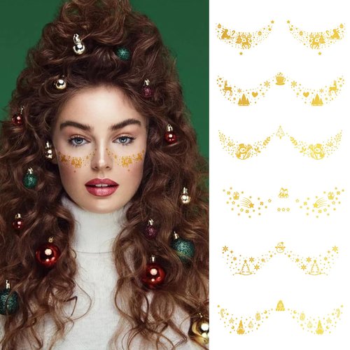 12 Sheets Christmas Glitter Freckles Face Tattoo Stickers Sparkle Gold Silver Face Makeup Patches Waterproof Temporary Tattoos Glitter Makeup Speckles Accessories for Christmas Makeup Carnival Party
