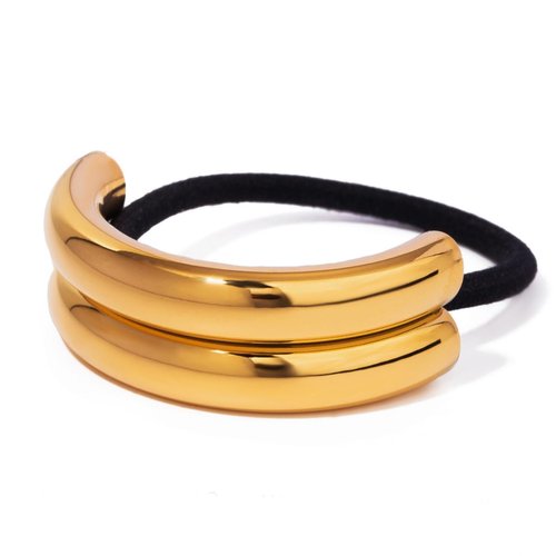 Pregeckit Stainless Steel Metal Hair Tie Ponytail Hair Cuff, Smooth Waterproof 18K PVD Plated Ellipse Elastic Hair Band, Geometric Hollow Gold Head Wear Women Hair Accessories Gift (two laps)