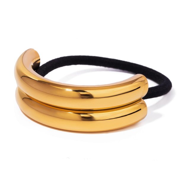 Pregeckit Stainless Steel Metal Hair Tie Ponytail Hair Cuff, Smooth Waterproof 18K PVD Plated Ellipse Elastic Hair Band, Geometric Hollow Gold Head Wear Women Hair Accessories Gift (two laps)