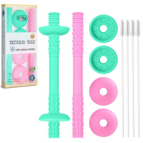 Giftty Teething Tube with Safety Shield Baby Hollow Teether Sensory Toys Gum Massager, Food-Grade Silicone for Infant 3-12 Months Boys Girls, 1 Pair with 4 Cleaning Brush Included (Rose Pink+Emerald)