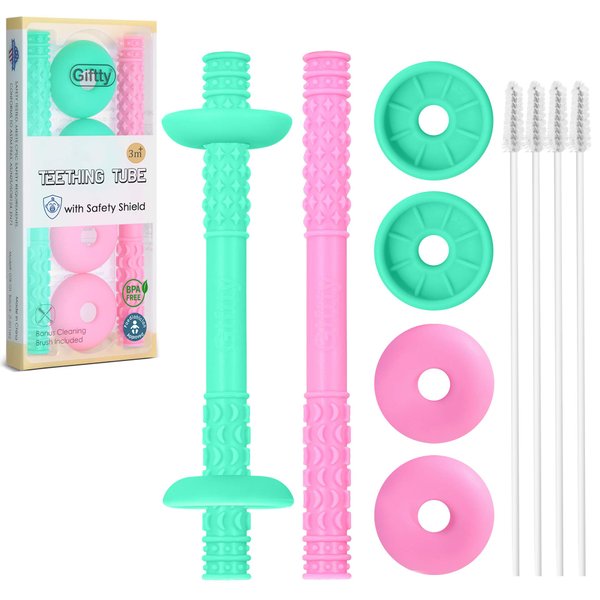 Giftty Teething Tube with Safety Shield Baby Hollow Teether Sensory Toys Gum Massager, Food-Grade Silicone for Infant 3-12 Months Boys Girls, 1 Pair with 4 Cleaning Brush Included (Rose Pink+Emerald)
