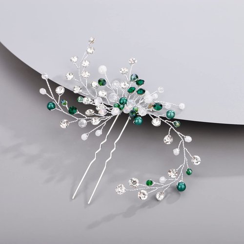 BERYUAN Green Rhinestone and Pearl Hair Pins - Crystal Wedding Accessory for Women, Silver Hair Accessory